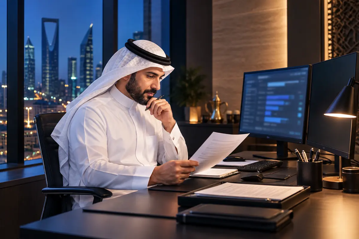 خبير سعودي يراجع تقريرًا مطبوعًا بجانب شاشة تعرض نتائج نموذج ذكاء اصطناعي