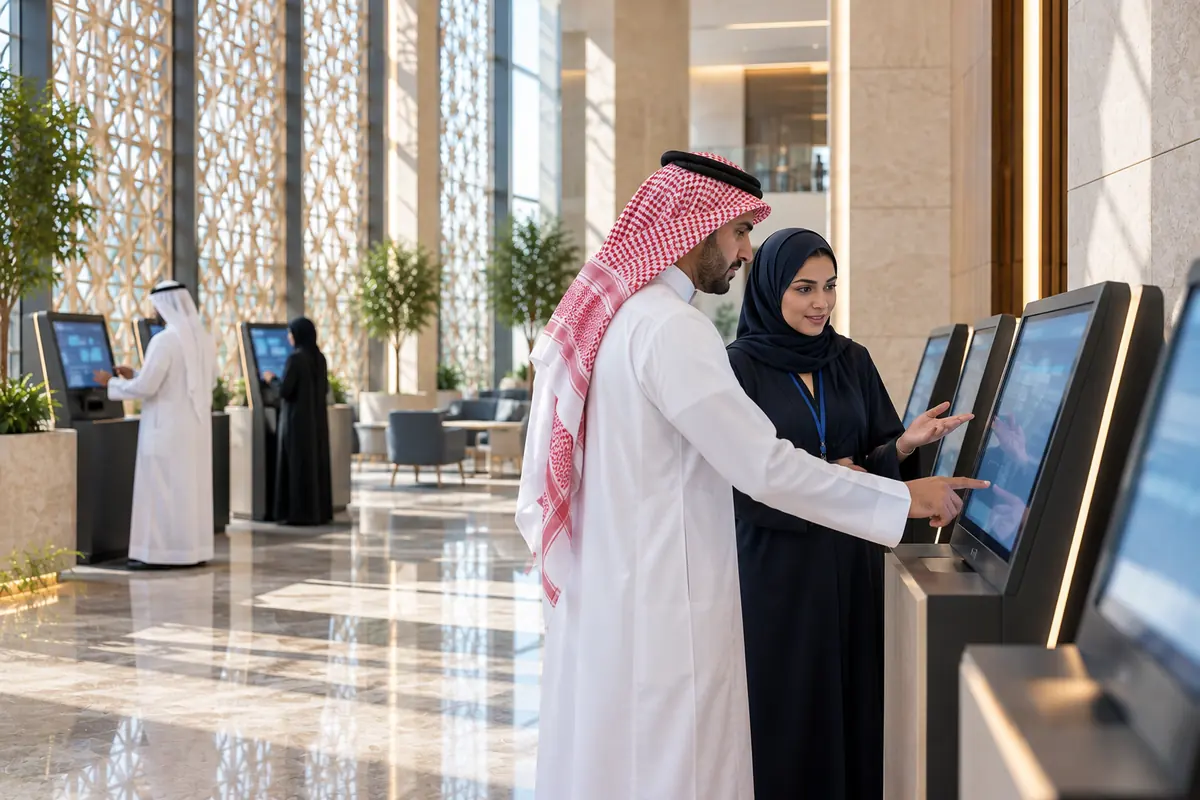 موظفة سعودية تساعد زائرًا عند جهاز خدمة ذاتية في قاعة خدمات حديثة