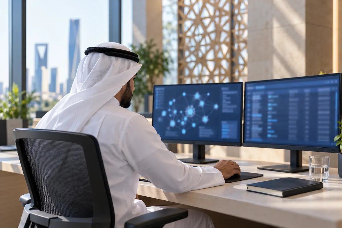 أمين بيانات سعودي أمام شاشتين تعرضان مخطط خط سير بيانات وسجلًا